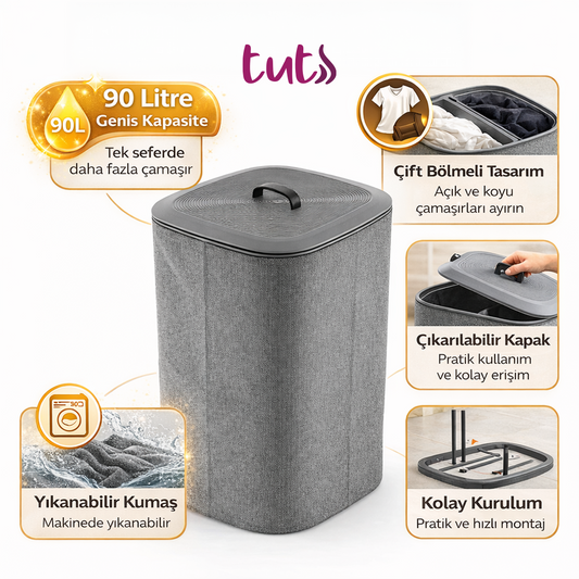 Katlanabilir Çift Bölmeli Kirli Çamaşır Sepeti Gri Kapaklı Çamaşır Sepeti 90L Gri