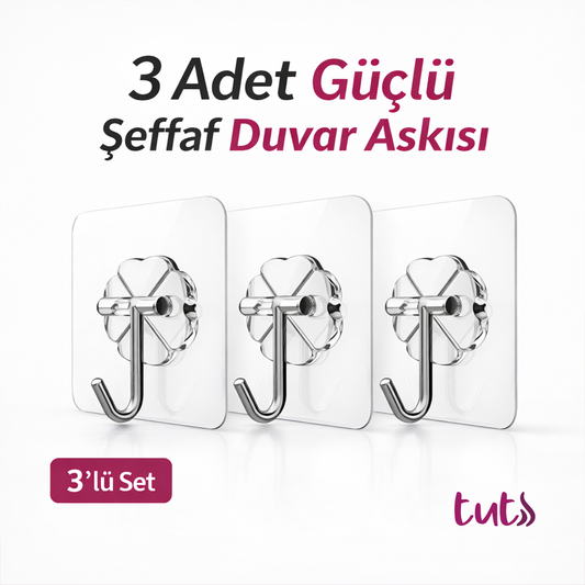 3 Adet Güçlü Şeffaf Duvar Askısı Askılığı Yapışkan Metal Kancalı Mutfak Banyo Askı