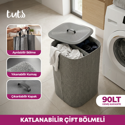 Katlanabilir Çift Bölmeli Kirli Çamaşır Sepeti Gri Kapaklı Çamaşır Sepeti 90L Gri