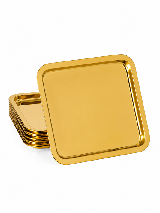 Gondor Tepsi 6 Adet Lüx Kare Paslanmaz Çelik Gold Renk 21x21cm Kahve Servis Sunum Tepsisi Tabağı