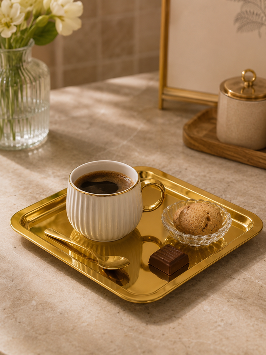 Gondor Tepsi 6 Adet Lüx Kare Paslanmaz Çelik Gold Renk 21x21cm Kahve Servis Sunum Tepsisi Tabağı