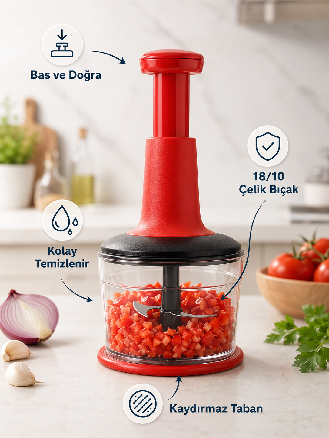 Basmalı El Rondosu Pratik Manuel Rondo Blender 18/10 Çelik Bıçaklı Sebze ve Soğan Doğrayıcı