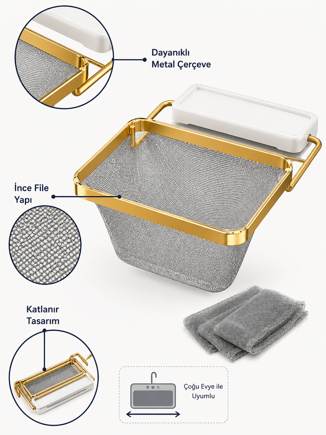 Katlanır Mutfak Lavabo Süzgeci (Sadece Yedek File – 50’li Paket 3’lü Ekonomik Boy)