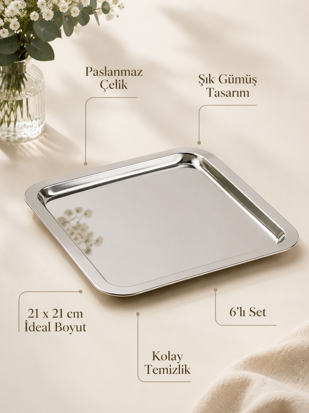 Gondor Tepsi 6 Adet Lüx Kare Paslanmaz Çelik Gümüş Renk 21x21cm Kahve Servis Sunum Tepsisi & Tabağı