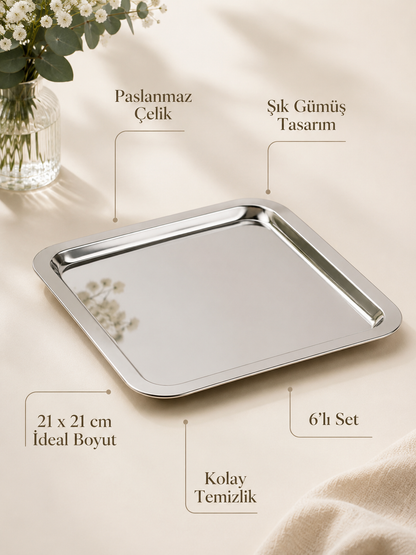 Gondor Tepsi 6 Adet Lüx Kare Paslanmaz Çelik Gümüş Renk 21x21cm Kahve Servis Sunum Tepsisi & Tabağı