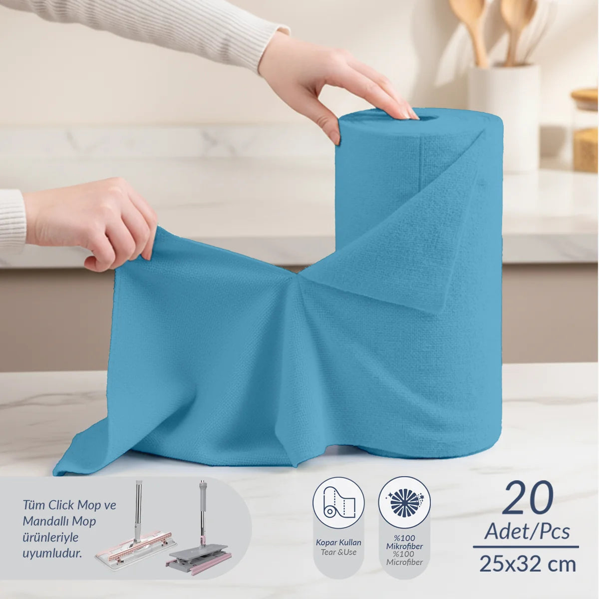 Çok Amaçlı %100 Mikrofiber Temizlik Bezi 20'li Rulo Kopart Kullan